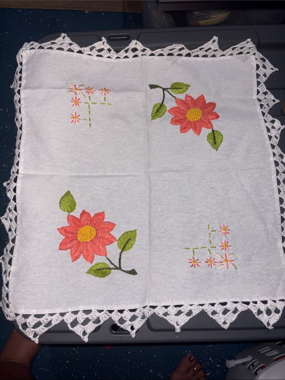Embroidered Floral Crochet-Edge Linen - square White with Coral Flowers